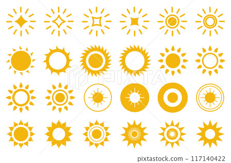 Sun and star mega set elements in flat graphic design. Bundle icons of yellow silhouette symbols of weather stickers, hot, light, sunlights and sunny bright in different shapes. Vector illustration. Sun and star mega set elements in flat graphic design. Bundle icons of yellow silhouette symbols of weather stickers, hot, light, sunlights and sunny bright in different shapes. Vector illustration. 117140422
