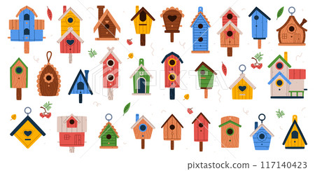 Bird House and Wooden Nesting Box Vector Set Bird House and Wooden Nesting Box Vector Set 117140423