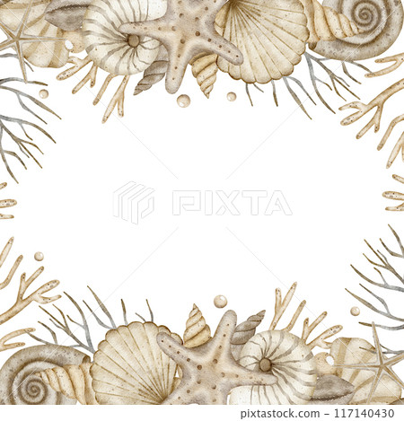 Watercolor frame shells starfish corals Illustration for template invitation cosmetics product 117140430
