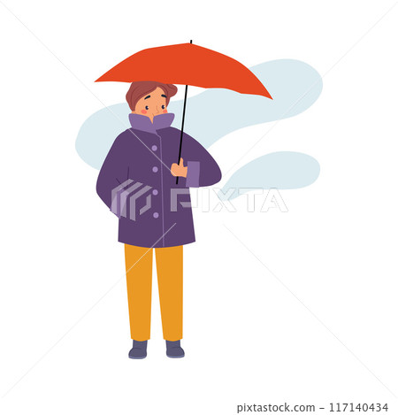 Bad Weather with Man Character with Umbrella Walk in Windstorm and Rain Vector Illustration 117140434