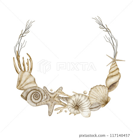 Watercolor wreath of shells, starfish, corals. Illustration for congratulations, cards, dishes, cosmetics, clothes, packaging, posters 117140457
