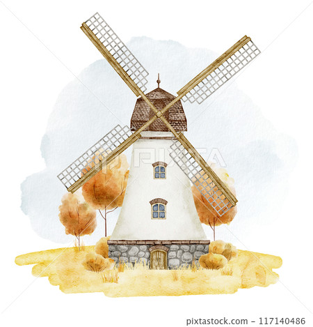 autumn landscape with Windmill and fall trees watercolor illustration. Drawing of old rustic tower with blades for flour production. Old vintage building. Painting of wind mill for harvest festival. 117140486