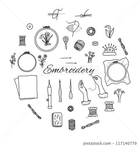 Embroidery set. Hand drawn Vector illustration. Needlework Tools, Threads Spools, Needles and sewing woman hands in doodle style. Line art isolated on white background. Embroidery set. Hand drawn Vector illustration. Needlework Tools, Threads Spools, Needles and sewing woman hands in doodle style. Line art isolated on white background. 117140779