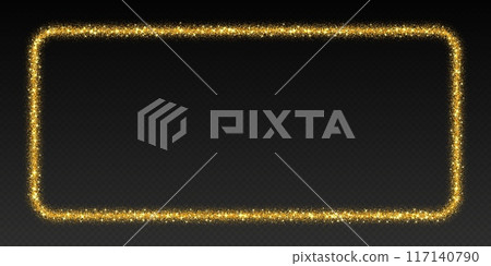 Golden glitter frame, shimmering border in rectangular shape, festive holiday sparkles. Christmas decoration. 117140790