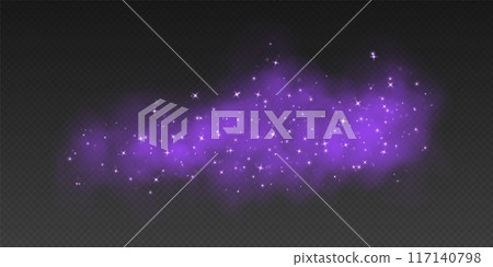 Purple magic smoke with stars and sparkles, fog with glowing particles, colorful vapor with star dust. 117140798