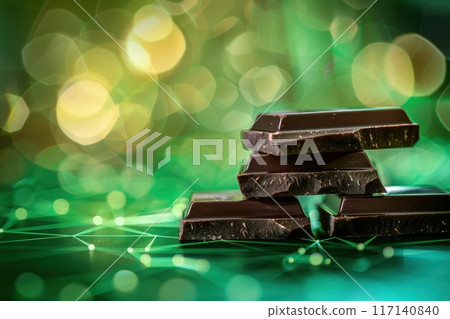 An elegant bar of dark chocolate rests in a stack, illuminated by a gentle bokeh background that enhances its rich texture. 117140840