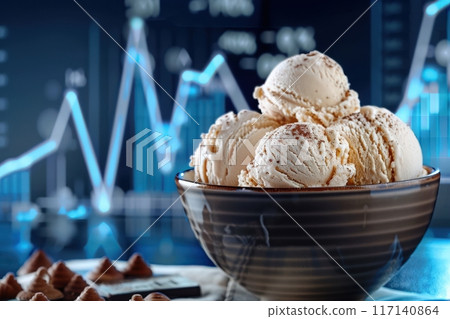 Indulge in a bowl of luxurious chocolate ice cream, beautifully presented against a backdrop of vibrant data analytics. Indulge in a bowl of luxurious chocolate ice cream, beautifully presented against a backdrop of vibrant data analytics. 117140864