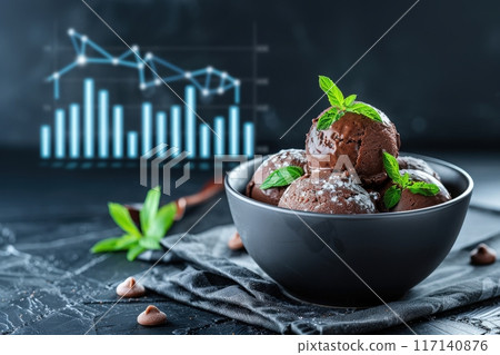An isolated bowl filled with creamy chocolate ice cream scoops, topped with fresh mint leaves, exuding indulgence. 117140876