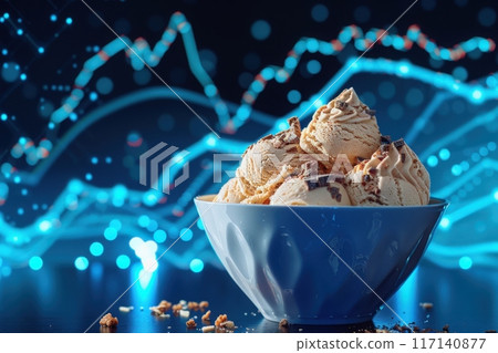 Indulge in a tempting bowl of creamy gourmet chocolate ice cream set against a glowing, dynamic backdrop, evoking a sense of modern artistry. Indulge in a tempting bowl of creamy gourmet chocolate ice cream set against a glowing, dynamic backdrop, evoking a sense of modern artistry. 117140877