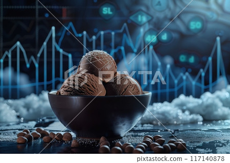 A bowl filled with luscious chocolate ice cream scoops sits amidst alluring digital patterns and textures. A bowl filled with luscious chocolate ice cream scoops sits amidst alluring digital patterns and textures. 117140878