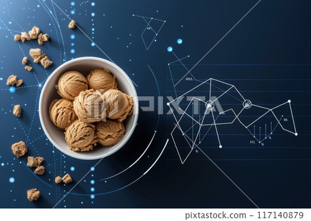 A tempting bowl brimming with creamy gourmet chocolate ice cream sits surrounded by elegant designs and textures. 117140879