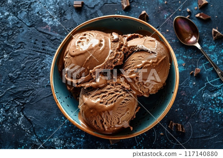 Savor the rich, creamy texture of gourmet chocolate ice cream nestled in a colorful bowl, surrounded by scattered chocolate pieces. Savor the rich, creamy texture of gourmet chocolate ice cream nestled in a colorful bowl, surrounded by scattered chocolate pieces. 117140880
