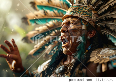 A powerful Aztec Jaguar Warrior passionately performs a ritual, adorned with elaborate feathers and jewelry, exuding strength and connection to ancestral traditions. 117140929