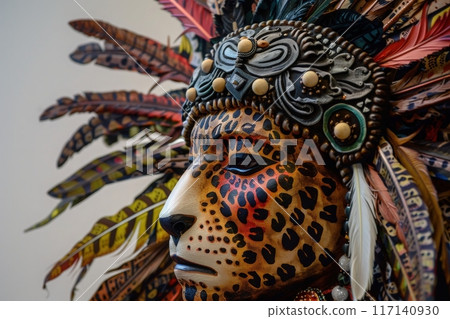 A powerful Aztec Jaguar Warrior stands proud, adorned with intricate feathers and vibrant patterns, embodying the spirit of ancient traditions. 117140930