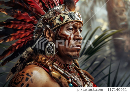 A fierce Aztec Jaguar Warrior adorned with vibrant feathers and intricate jewelry embodies strength and cultural pride amidst a dense jungle backdrop. 117140931