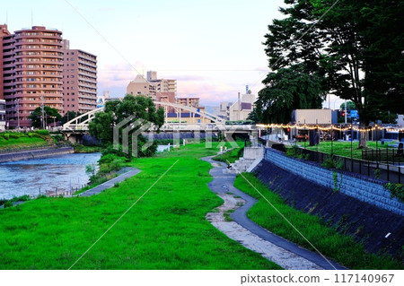 View of the Kitakami River riverbed and Kaiun Bridge in Morioka City 117140967