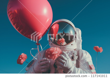 Astronaut holding pink balloon and flowers against clear blue sky in an outdoor celebration 117141011
