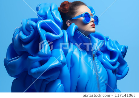 Bold fashion statement with blue sculptural outfit against a bright blue background Bold fashion statement with blue sculptural outfit against a bright blue background 117141065