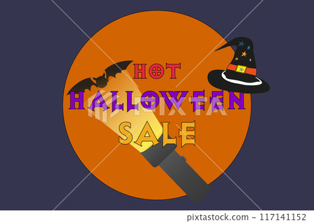 Bright and spooky Halloween sale banner featuring a witch hat and bat. Perfect for seasonal promotions and advertisements. 117141152