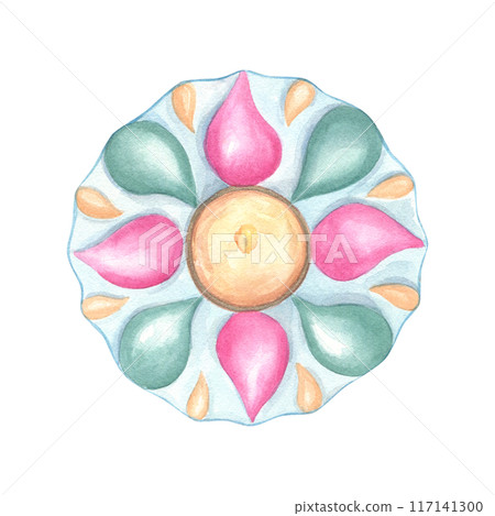 Diya in pastel colors. Colorful petals of candle. Diwali burning lamp in flower shape. Top view of religious symbol. Indian holiday. Watercolor illustration for card, greeting, festive decor 117141300