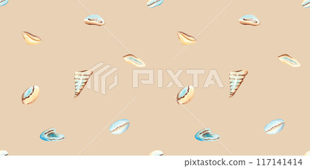 Seashells Watercolor Under the sea hand drawn Seamless Pattern on a beige background. For fabric, textiles, baby clothes, wallpaper, marine beach design. 117141414