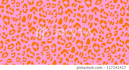 Leopard pink seamless pattern. Animalistic print for fabric, paper. Vector hand-drawn background 117141417