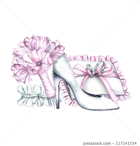 Wedding composition, women's high-heeled shoes, bouquet and garter of the bride, wedding rings on a cushion. A watercolor illustration made by hand in delicate white and pink tones. For postcards. Wedding composition, women's high-heeled shoes, bouquet and garter of the bride, wedding rings on a cushion. A watercolor illustration made by hand in delicate white and pink tones. For postcards. 117141534