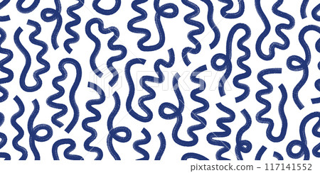 Blue ink brush bold lines vector seamless pattern. Hand drawn thick wavy geometric strokes, elements, stripes, forms. 117141552
