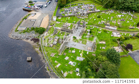 The historic Abbey Graveyard in Donegal town, which was build by Hugh O Donnell in 1474, in County Donegal - Ireland 117141591