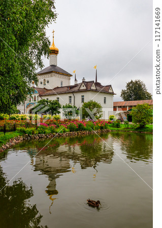 Church of St. Nicholas the Wonderworker and garden pond in Tolga convent in Yaroslavl, Russia Church of St. Nicholas the Wonderworker and garden pond in Tolga convent in Yaroslavl, Russia 117141669