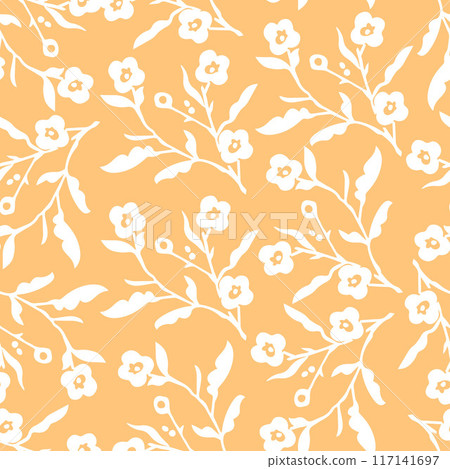 Seamless pattern with delicate white flowers on a yellow background. Handmade fabric, gift packaging.	 117141697