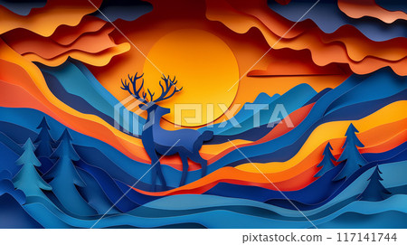 Paper cut design of deer, colorful vibrant card for children, copy space banner 117141744