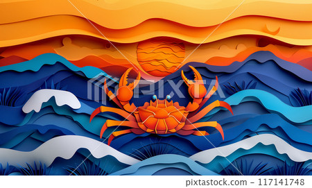 Paper cut design of crab, colorful vibrant card for children, copy space banner 117141748