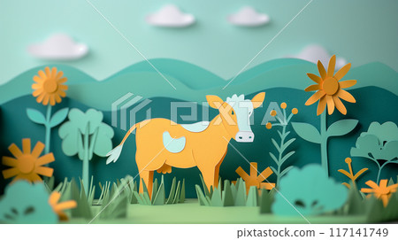Paper cut design of bull cow calf, colorful vibrant card for children, copy space banner 117141749