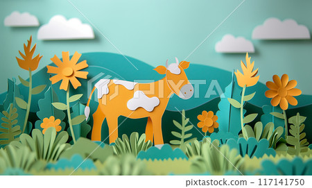 Paper cut design of bull cow calf, colorful vibrant card for children, copy space banner 117141750