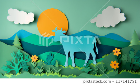 Paper cut design of bull cow calf, colorful vibrant card for children, copy space banner Paper cut design of bull cow calf, colorful vibrant card for children, copy space banner 117141751