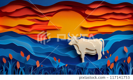 Paper cut design of bull cow calf, colorful vibrant card for children, copy space banner 117141753