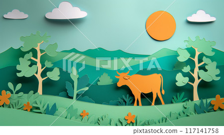 Paper cut design of bull cow calf, colorful vibrant card for children, copy space banner Paper cut design of bull cow calf, colorful vibrant card for children, copy space banner 117141758