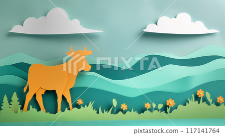 Paper cut design of bull cow calf, colorful vibrant card for children, copy space banner 117141764