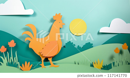 Paper cut design of chicken han rooster cock, colorful and vibrant card children, copy space banner 117141770