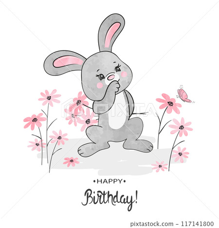 Birthday card with cute bunny and flowers. Vector illustration. 117141800