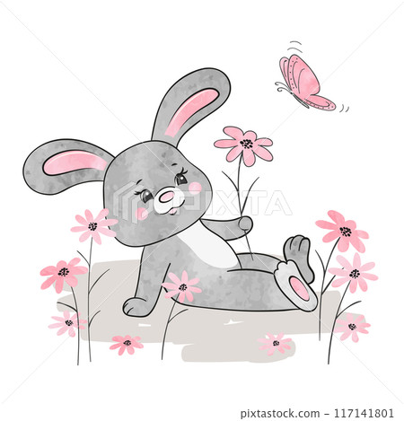 Birthday card with cute bunny and flowers. Vector illustration for kids 117141801