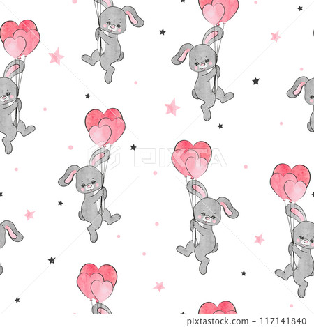 Seamless pattern with cute bunny and heart balloons 117141840