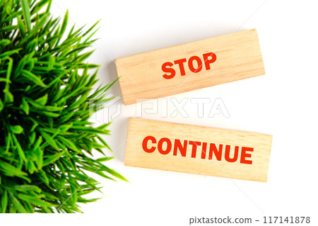 Conceptual symbol. Copy space. Stop or continue words written a phrase made of wooden blocks on a white background, top view 117141878