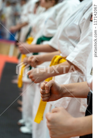 A close-up of a row of children in white karate kimonos with clenched fists. A close-up of a row of children in white karate kimonos with clenched fists. 117142067