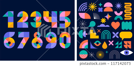 Anniversary concept design. Modern geometric style. Fireworks and celebration colorful background Anniversary concept design. Modern geometric style. Fireworks and celebration colorful background 117142073