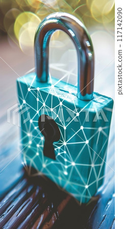 Padlock protecting network security with glowing nodes 117142090