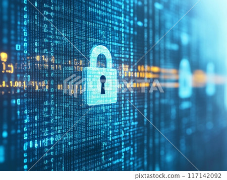 Digital padlock protecting data flow on computer screen 117142092