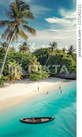 Tourists relaxing on idyllic tropical beach with wooden boat in foreground Tourists relaxing on idyllic tropical beach with wooden boat in foreground 117142211