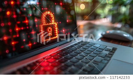 Laptop showing red lock screen on blurred background for cybersecurity concept 117142233